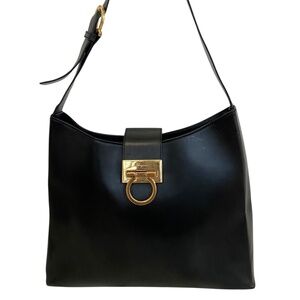 Auth. Ferragamo Black Leather Shoulder Bag w/ Gold Gancini Hardware Flap Closure